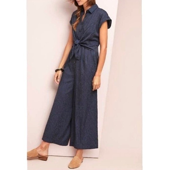 Anthropologie Ett Twa James Tie Waist Jumpsuit Romper in Navy 0 - Picture 2 of 14